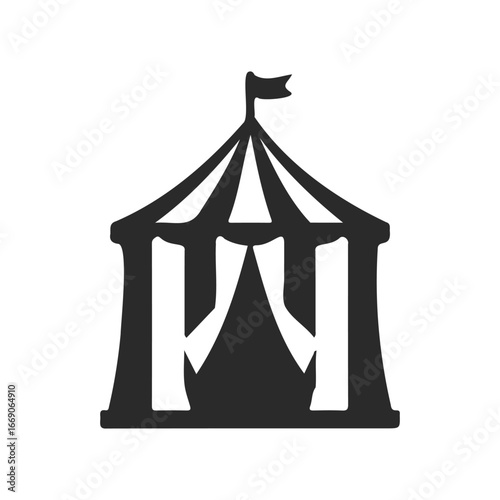 Black and white circus tent icon with striped design and flag