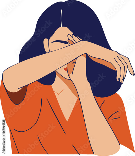 Woman covering face with arm wearing orange shirt and dark hair vector illustration 