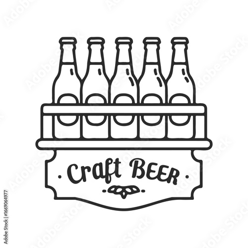 Black and white craft beer label design featuring six bottles and decorative banner