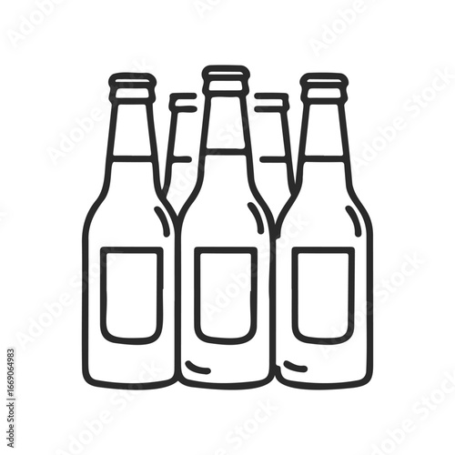 Line art of six pack beer bottles on white background - simple vector design