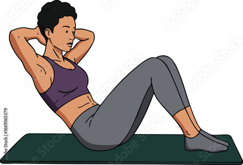 Woman doing abdominal crunch exercise on mat for fitness and workout routine health benefits 