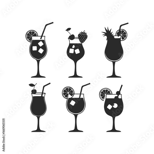 Variety of six black silhouette cocktails with fruits and garnishes