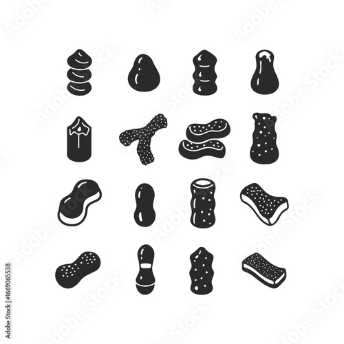 Set of 16 black silhouette dog treat icons on white background