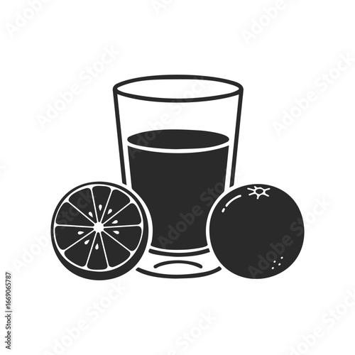 Black and white citrus juice icon with whole and halved orange