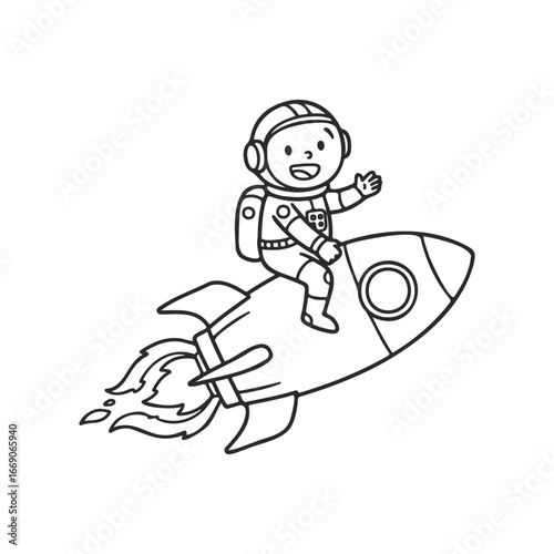 Young child astronaut riding a rocket in space imaginary adventure