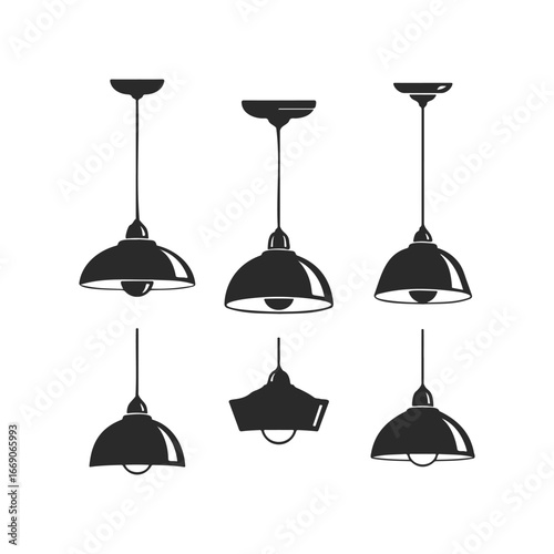 Set of six black pendant light silhouettes on white background