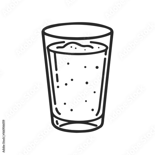 Black and white line drawing of a glass of sparkling water