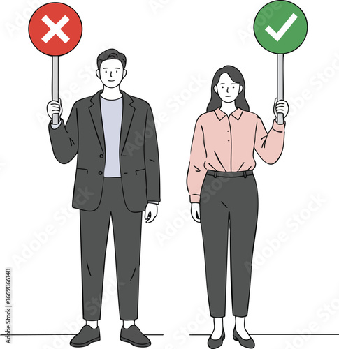 Business man and woman holding approval and disapproval signs in office attire vector illustration 