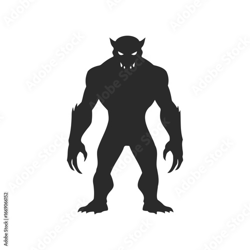 Silhouette of a menacing werewolf in a ferocious stance on plain background