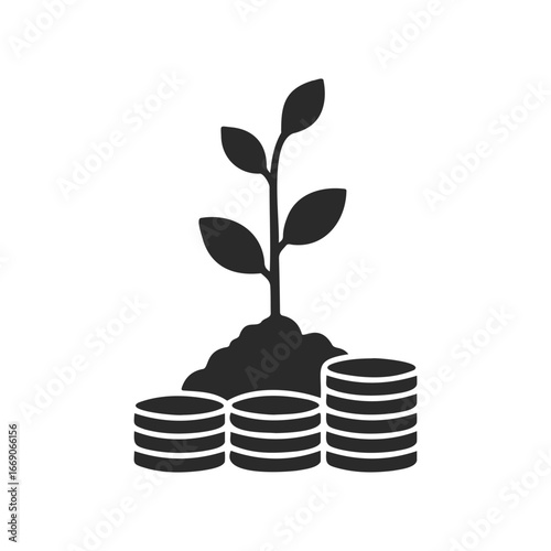 Growth concept: plant seedling emerging from stack of coins