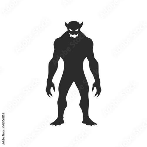 Silhouette of menacing monster with sharp teeth on white background