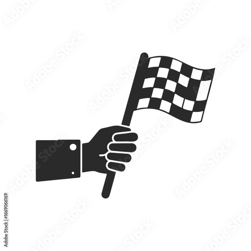 Checkered flag in hand symbolizing racing finish line victory