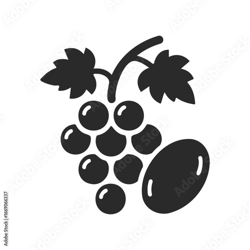 Silhouette of grape cluster with leaf on white background