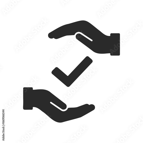 Protective hands and check mark symbolizing security and trust in black and white icon