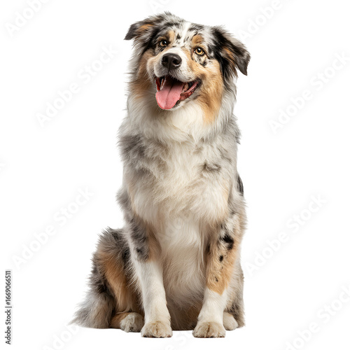 A happy, alert Australian Shepherd dog with beautiful merle coloring sits patiently, tongue out, ready for adventure.