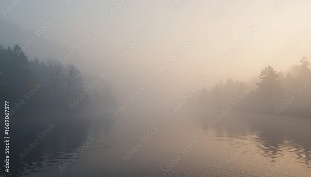 Obraz premium Misty morning over a calm river with silhouetted trees on the bank, bathed in soft, warm light