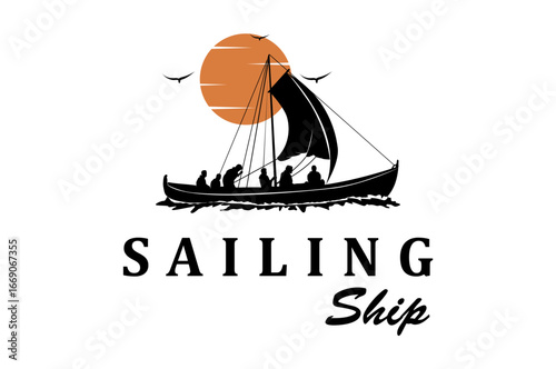 Simple Sailboat dhow ship line art logo design illustration
