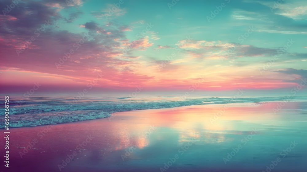 Fototapeta premium A serene beach scene at sunrise, painted with soft pastel colors and reflecting the vibrant sky.