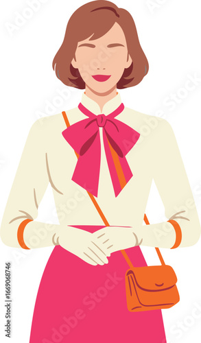 Woman in pink skirt with orange purse and bow tie stylish casual fashion vector illustration 