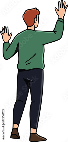 Man standing with raised hands wearing green sweater and black pants vector illustration in casual pose 