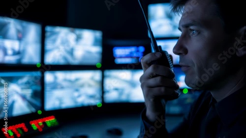 Man communicating on walkie-talkie in security control room with multiple surveillance monitors depicting various camera feeds.