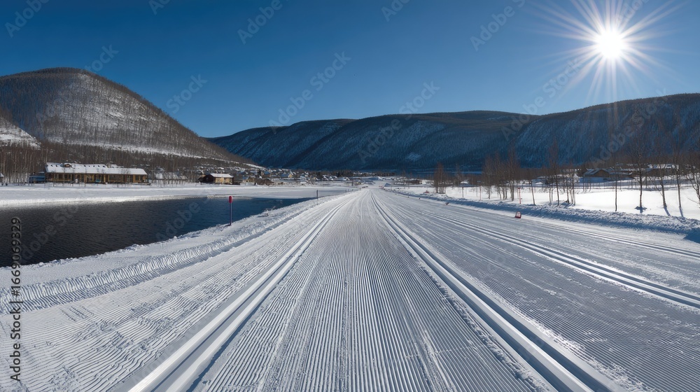 Obraz premium Snow-covered cross-country ski track with mountains and a lake in the background.