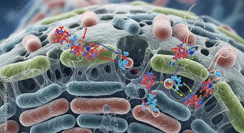 Intricate bacterial biofilm community showcasing molecular exchange and intercellular communication within a microbiome