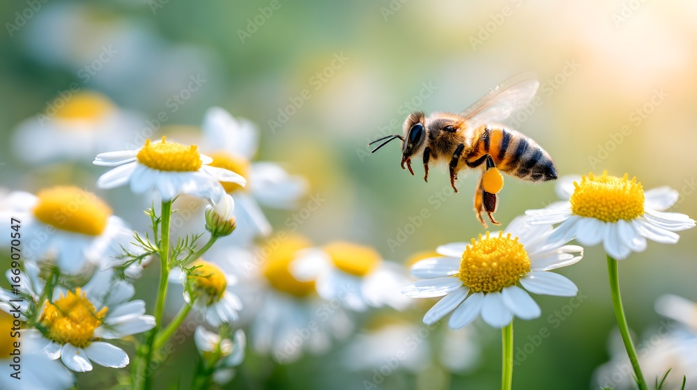 Obraz premium A honeybee hovers gracefully amidst a field of white daisies, collecting pollen in a sunny meadow.