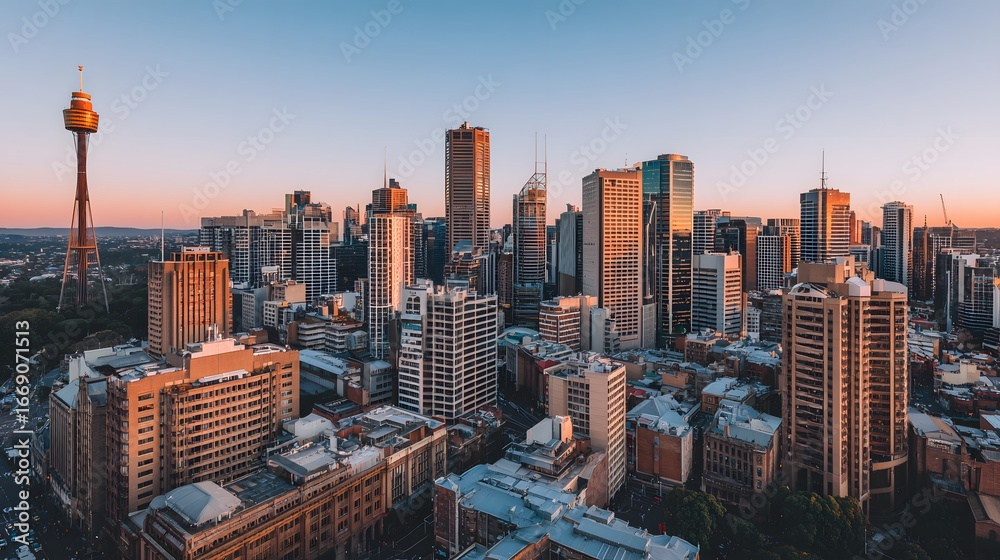 Obraz premium High-angle cityscape view of a modern city at sunset, showcasing numerous tall buildings and a prominent tower against a soft, pastel sky.