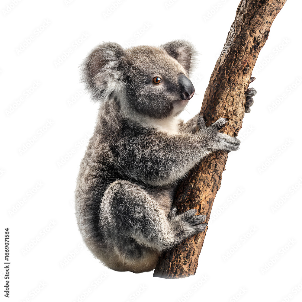 Fototapeta premium A cute koala clings to a tree branch, its fluffy fur and gentle gaze evoking warmth and wonder.
