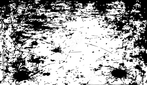 grungy abstract texture background with chaotic black ink splatters. scratches, and scattered stains on a white surface. The design feels raw, distressed, and messy.