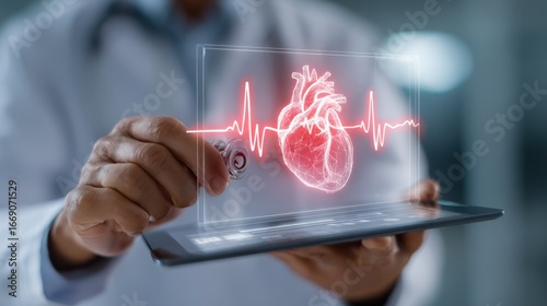 Focused medium shot of hands holding a smart stethoscope over a patients chest digital twin heart monitor visible on a tablet blurred in background emphasizing heart murmur