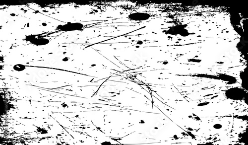 grungy abstract texture background with chaotic black ink splatters. scratches, and scattered stains on a white surface. The design feels raw, distressed, and messy.