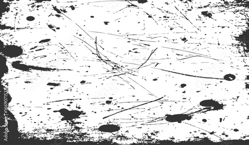 grungy abstract texture background with chaotic black ink splatters. scratches, and scattered stains on a white surface. The design feels raw, distressed, and messy.