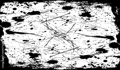 grungy abstract texture background with chaotic black ink splatters. scratches, and scattered stains on a white surface. The design feels raw, distressed, and messy.