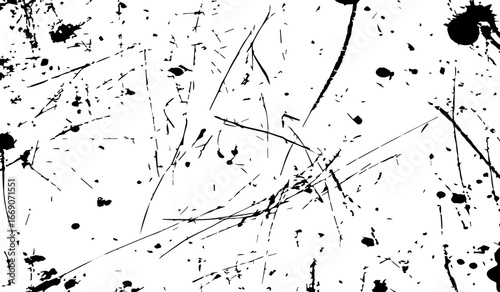 grungy abstract texture background with chaotic black ink splatters. scratches, and scattered stains on a white surface. The design feels raw, distressed, and messy.