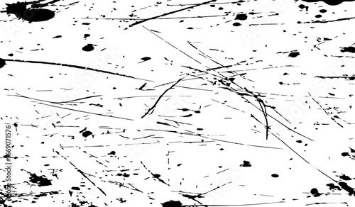 grungy abstract texture background with chaotic black ink splatters. scratches, and scattered stains on a white surface. The design feels raw, distressed, and messy.