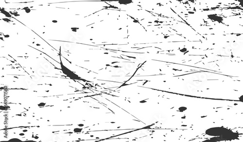 grungy abstract texture background with chaotic black ink splatters. scratches, and scattered stains on a white surface. The design feels raw, distressed, and messy.