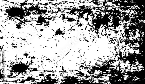 grungy abstract texture background with chaotic black ink splatters. scratches, and scattered stains on a white surface. The design feels raw, distressed, and messy.