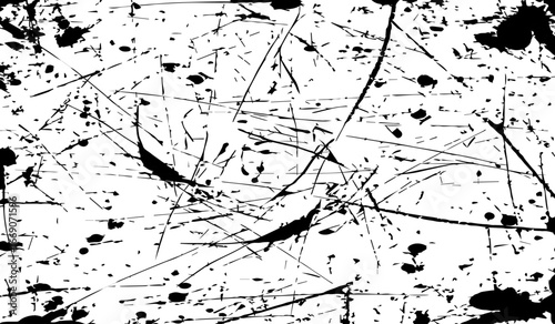 grungy abstract texture background with chaotic black ink splatters. scratches, and scattered stains on a white surface. The design feels raw, distressed, and messy.