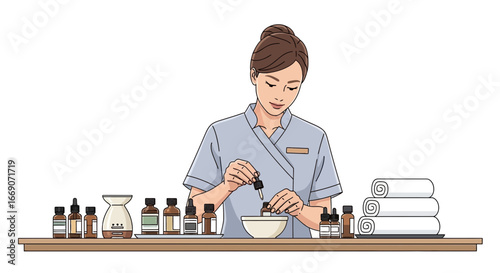 Aromatherapist expertly prepares personalized blends with essential oils for spa therapies
