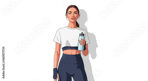 Athletic woman illustration holding a water bottle after a workout