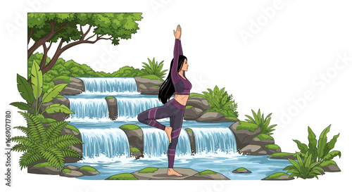 Balanced life a woman practices yoga amidst a picturesque waterfall scenery