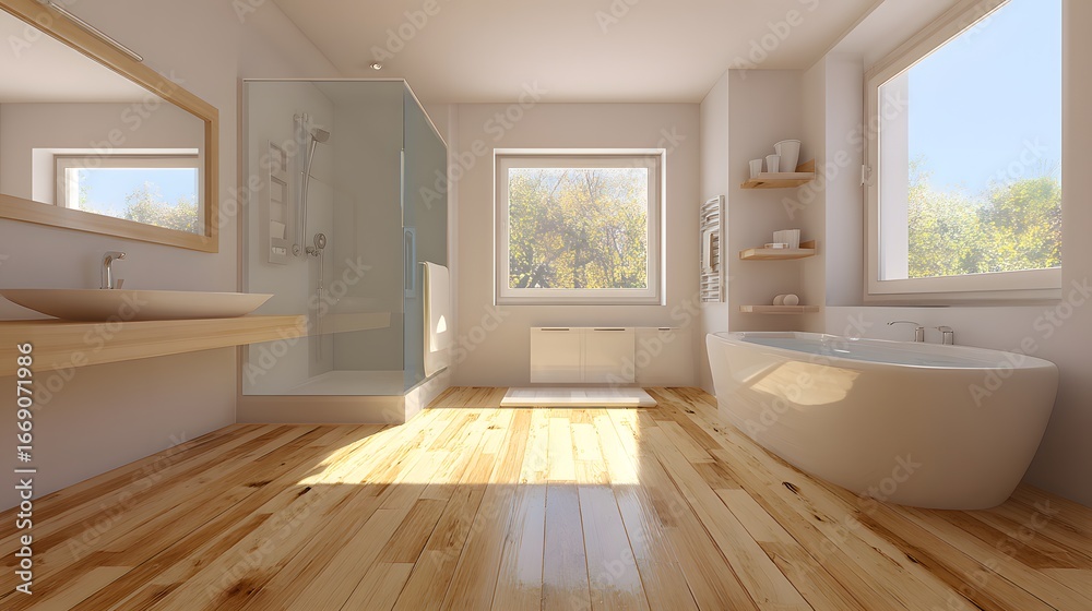 Obraz premium A modern, bright bathroom featuring a spacious corner shower, soaking tub, and light-toned wooden flooring.