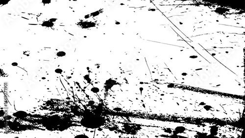 grungy abstract texture background with chaotic black ink splatters. scratches, and scattered stains on a white surface. The design feels raw, distressed, and messy.