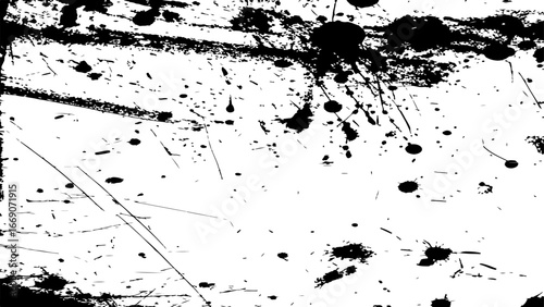grungy abstract texture background with chaotic black ink splatters. scratches, and scattered stains on a white surface. The design feels raw, distressed, and messy.