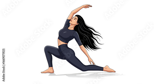 Elegant woman performing yoga asana with flowy black hair, studio shot