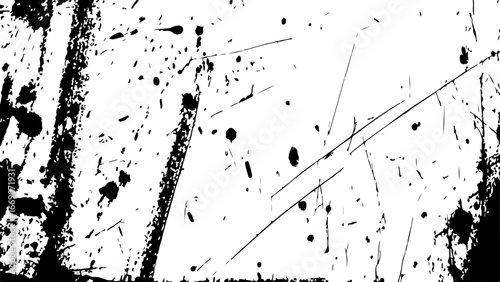 grungy abstract texture background with chaotic black ink splatters. scratches, and scattered stains on a white surface. The design feels raw, distressed, and messy.