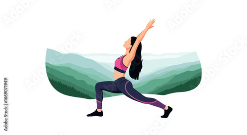 Empowering woman executing warrior yoga pose in serene mountain backdrop