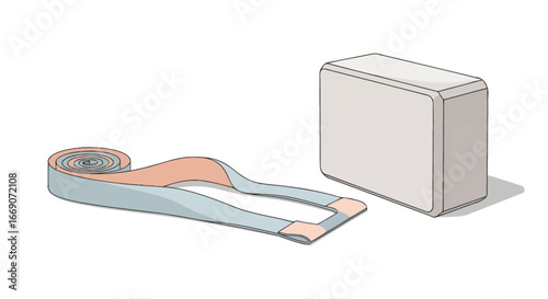 Illustration of yoga equipment, exercise band and brick on a white background